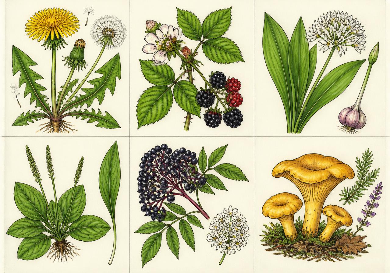 Botanical illustrations of dandelion, blackberry, wild garlic, plantain, elderberry, and chanterelle mushroom.