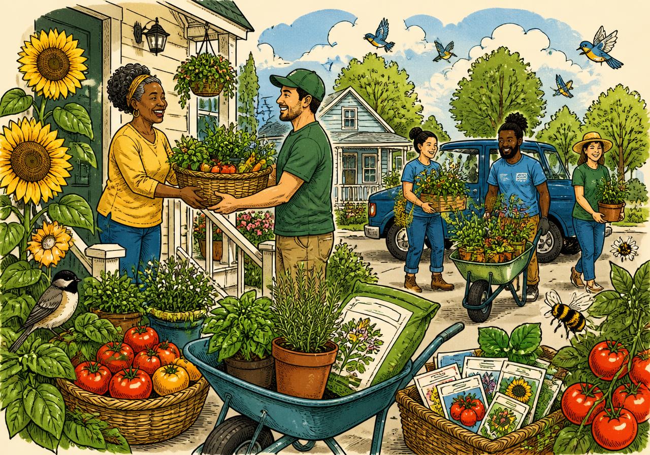 Illustration of volunteers delivering baskets of produce, potted plants, and seed packets to neighbors' porches.